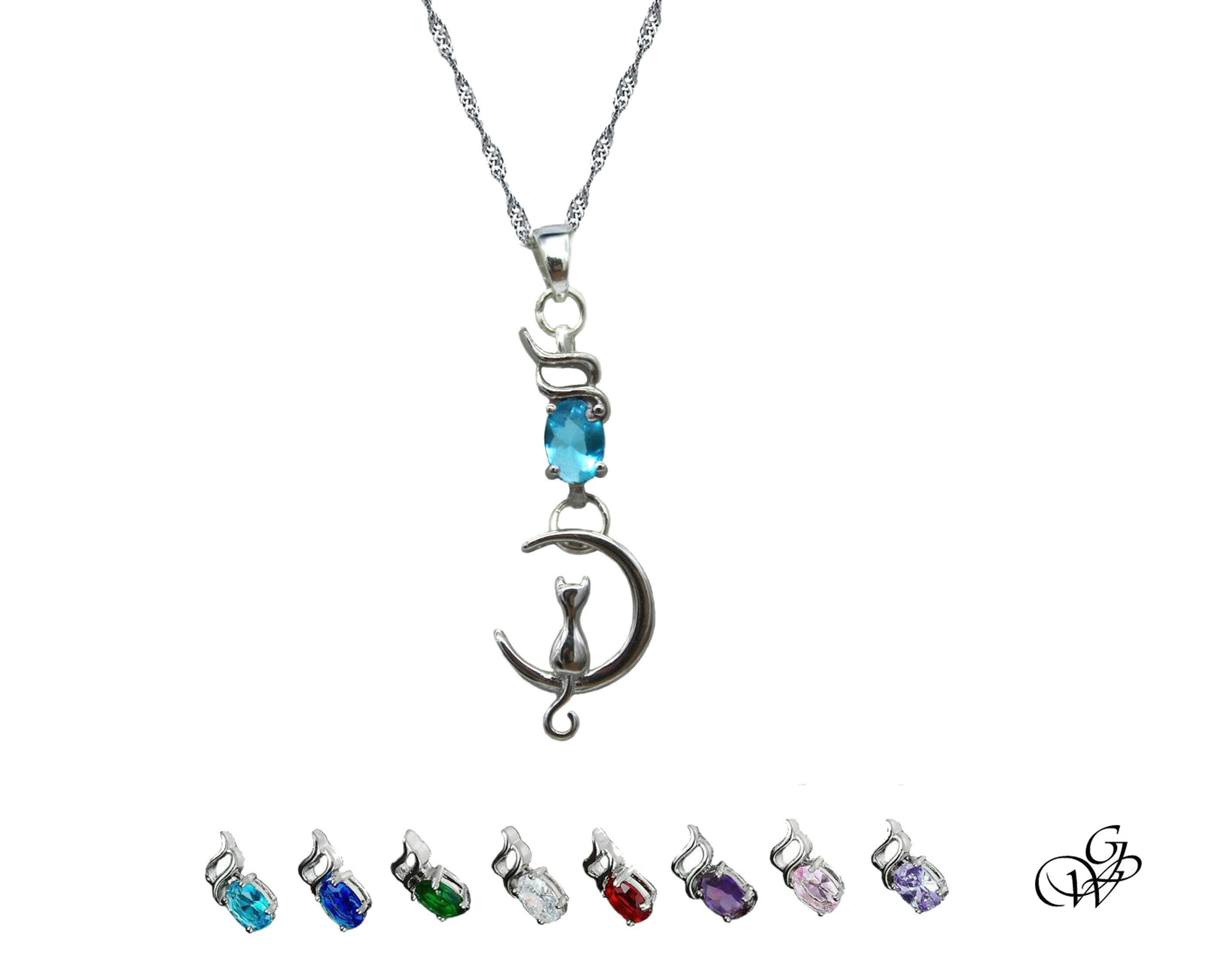 Collier chat assis lune hibou de cristal,bijou petit chat argent 925,cadeau nature,plaisir animal