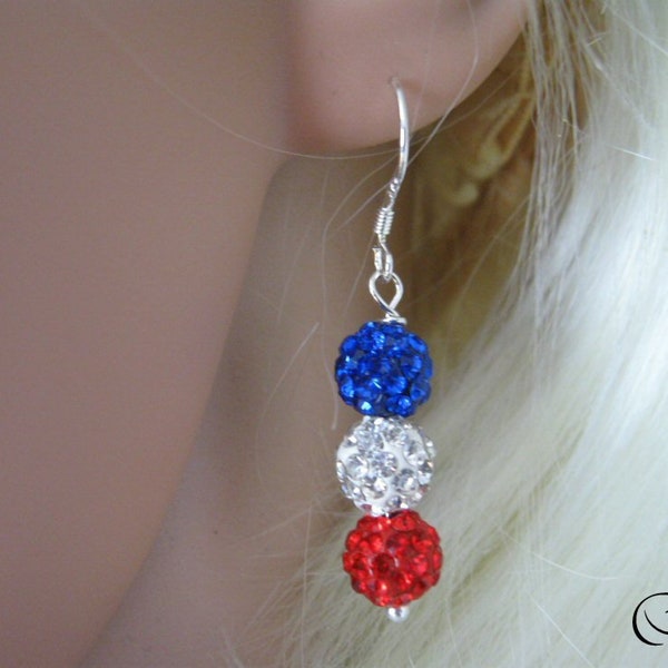 Blue white red football earrings, Tricolor jewel, go blue, sport king, encourage your team, tricolor shamballa bead