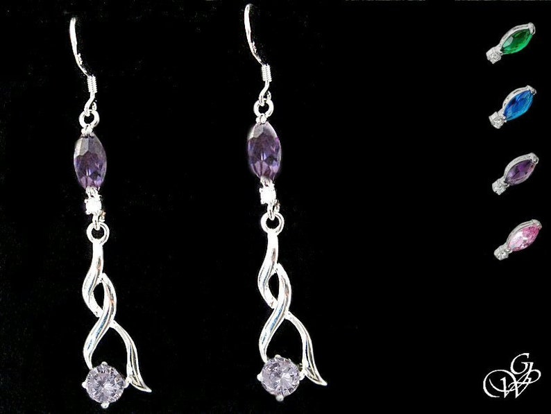 Amethyst marquise silver twisted earring, crystal jewel with emerald choice, blue sapphire, pink topaz image 1