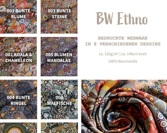 Baumwollstoff Meterware - Popeline Ethno, Blumen, Tiere - Baumwolldruck Webware bunt - Baumwolle bedruckt Afrikanisches Muster  *Ab 50 cm