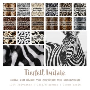 Könnte beinhalten: Eine Auswahl an Kunstfellstoffen mit verschiedenen Mustern, darunter Tiger-, Dalmatiner-, Zebra-, Giraffen-, Panther-, Leoparden- und Kuhdrucke. Das Bild zeigt ein Zebra-Gesicht und den Text "Tierfell Imitate". Die Stoffbreite beträgt 150 cm.