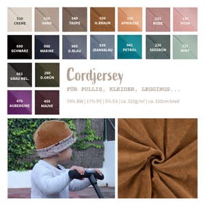Könnte beinhalten: Bild mit Stoffmustern aus Cordjersey in verschiedenen Farben, darunter Creme, Sand und Aubergine. Ein Kind trägt einen Cordhut, und eine Nahaufnahme zeigt die Textur des Stoffes. Der Text lautet "Cordjersey". Das Material ist 150cm breit.
