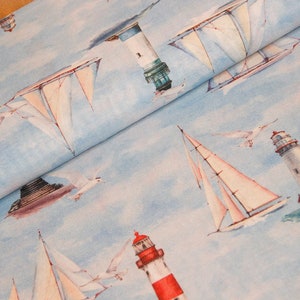 Tissu déco au mètre voiliers & phares - coton mélangé imprimé maritime, tissu ottoman Sealife, côte, plage bleu *A partir de 50 cm