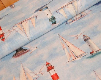 Decorative fabric by the meter sailing boats & lighthouses - cotton blend printed maritime, ottoman fabric Sealife, coast, beach blue *From 50 cm