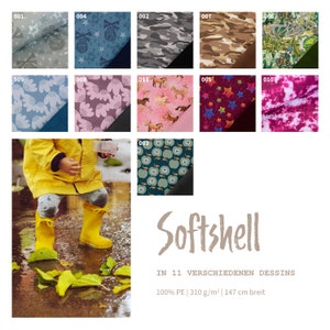 Könnte beinhalten: Eine Auswahl von 11 verschiedenen Stoffmustern mit verschiedenen Mustern, darunter Tarnmuster, Sterne, Pferde und Äpfel. Der Stoff wird als Softshell, 100% PE, 310 g/m² und 147 cm breit beschrieben.
