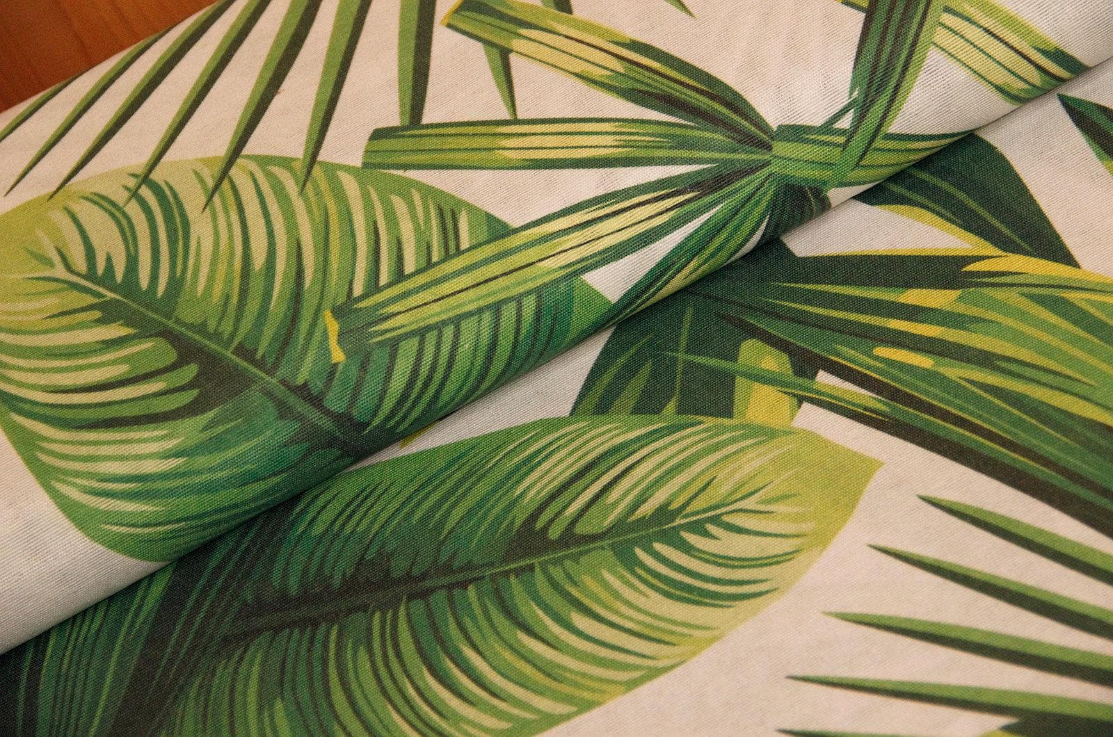 Decoratieve stof per meter junglebladeren, katoenmix bedrukte palmbladeren, ottomane stof jungleplanten, tafelkleedbladeren *Vanaf 50 cm