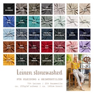 May include: A color chart of linen fabric swatches in various shades, including black, blue, green, and brown. The chart displays color names and numbers. The text "Leinen stonewashed" is visible, along with fabric composition details.