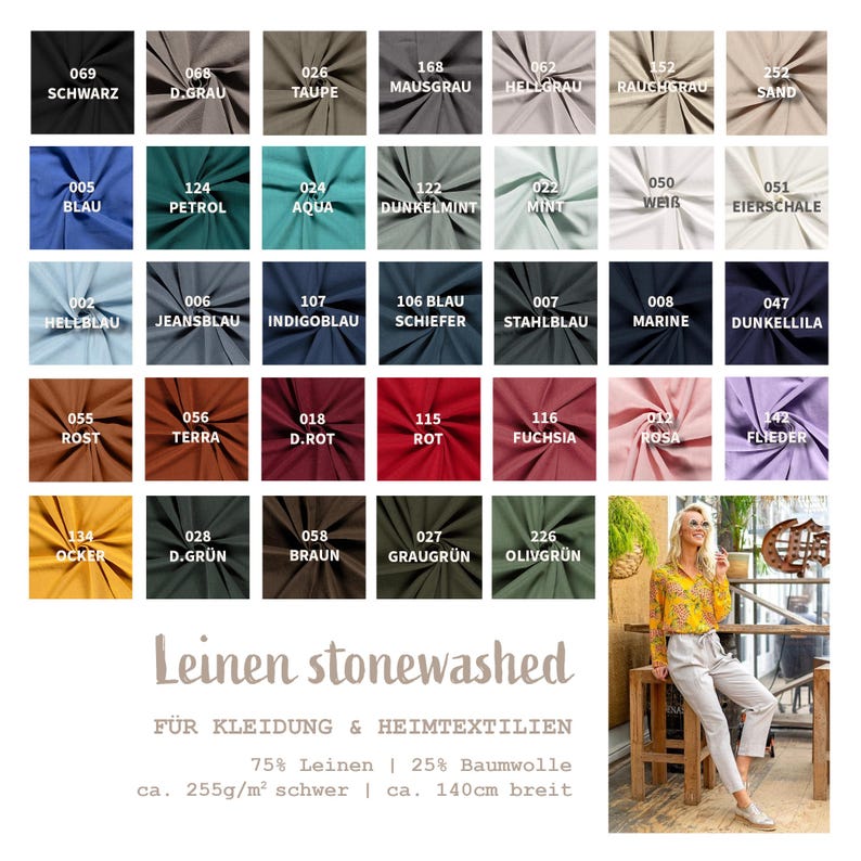 May include: A color chart of linen fabric swatches in various shades, including black, blue, green, and brown. The chart displays color names and numbers. The text "Leinen stonewashed" is visible, along with fabric composition details.