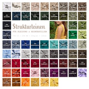 Könnte beinhalten: Farbmuster aus Leinenstoff in verschiedenen Farbtönen, darunter Beige, Blau, Grün und Rot. Das Bild enthält eine Farbkarte mit Namen wie "Olive", "Aqua" und "Aubergine". Der Text "Strukturleinen" ist ebenfalls sichtbar.