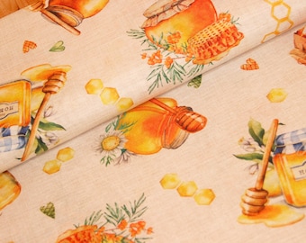 Decorative fabric honey by the meter - cotton blend fabric printed kitchen - ottoman fabric sew honey jar, flowers, tablecloth, curtain *From 50 cm