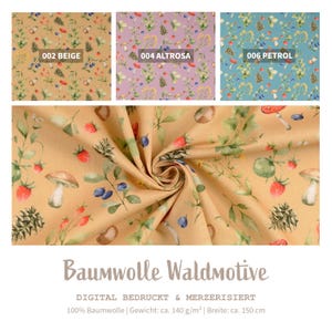 May include: Cotton fabric with a forest-themed print. The fabric features illustrations of mushrooms, berries, pinecones, and leaves in beige, purple, and blue colorways. The text "Baumwolle Waldmotive" is displayed at the bottom. The fabric width is approximately 150 cm.