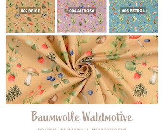 May include: Cotton fabric with a forest-themed print. The fabric features illustrations of mushrooms, berries, pinecones, and leaves in beige, purple, and blue colorways. The text "Baumwolle Waldmotive" is displayed at the bottom. The fabric width is approximately 150 cm.