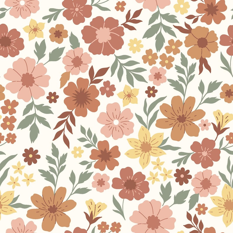 K&ouml;nnte beinhalten: Ein nahtloses Muster mit verschiedenen Blumen in Rosa-, Orange- und Gelbt&ouml;nen. Die Blumen sind in einem zuf&auml;lligen Muster auf wei&szlig;em Hintergrund angeordnet.