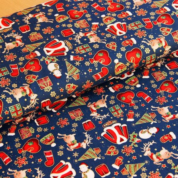 Tissu de décoration en coton imprimé motif hivernal mètreware - Matière hivernale - tissu de Noël bleu foncé - motif de Noël coton imprimé - 25 cm
