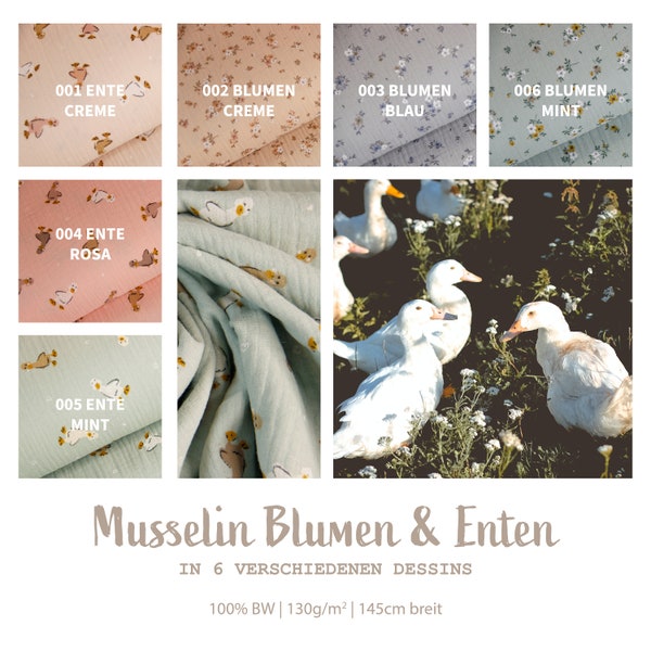 Muslin printed ducks - crepe fabric by the meter geese - double gauze flowers - crepe fabric for babies floral, 100% cotton muslin cloth *from 25 cm