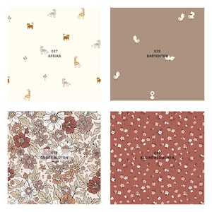 May include: Four fabric swatches with different patterns. One features giraffes, zebras, and other animals with the text "037 AFRIKA". Another has ducklings with the text "038 BABYENTEN". The third has large flowers with the text "039 GROBE BLUTEN". The last has small flowers with the text "040 KLEINE BLUMCHEN".