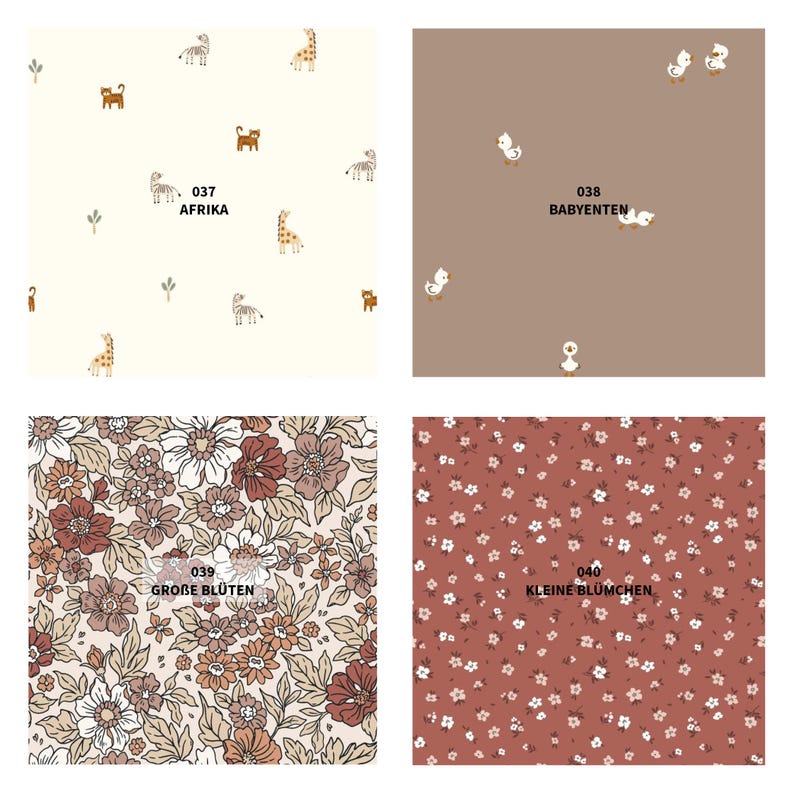 May include: Four fabric swatches with different patterns. One features giraffes, zebras, and other animals with the text "037 AFRIKA". Another has ducklings with the text "038 BABYENTEN". The third has large flowers with the text "039 GROBE BLUTEN". The last has small flowers with the text "040 KLEINE BLUMCHEN".