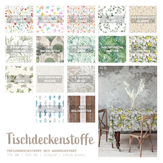 Dekostoff beschichtet bedruckt - wasserabweisender Tischdeckenstoff Blätter, Teflon Stoff Meterware Blumen, Taschenstoff maritim *Ab 50 cm