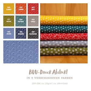 May include: Nine fabric swatches in different colors and patterns. The swatches are arranged in three rows of three. The colors are curry, terra, red, moss, petrol, gray, jeans, marine, and black. The patterns are geometric, floral, and abstract.