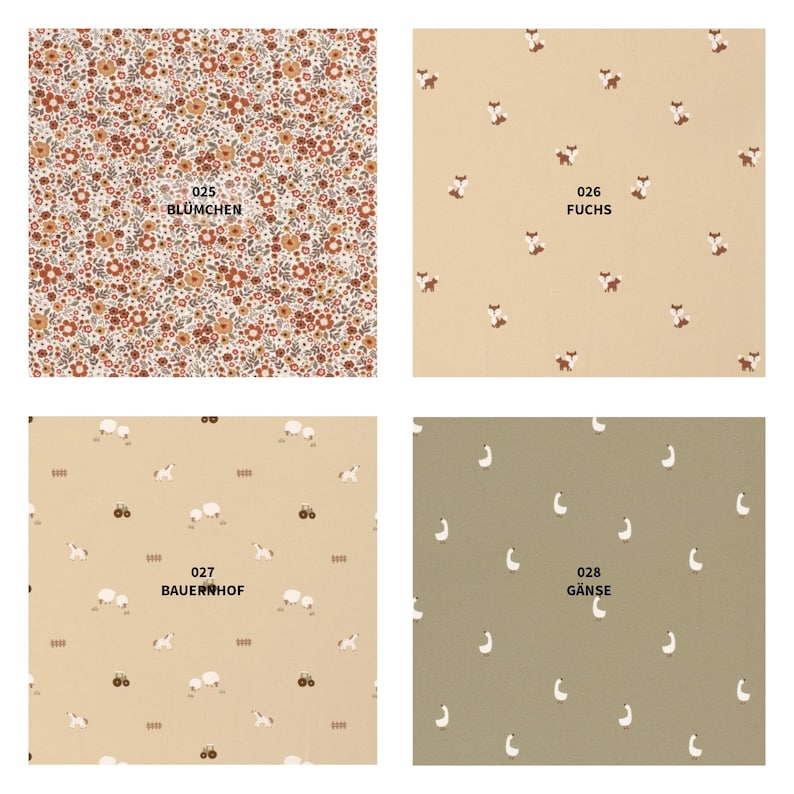 May include: Four fabric swatches with different patterns. One features a floral design with the text "025 BL&Uuml;MCHEN". Another has fox illustrations with the text "026 FUCHS". The third shows sheep and tractors with the text "027 BAUERNHOF". The last has goose illustrations with the text "028 G&Auml;NSE".