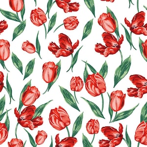 Baumwollstoff bedruckt Tulpen rot - Baumwolldruck Blumen - Popelin Blüten rot - Meterware Rosen - Öko-Tulpenstoff Öko-Tex 100 - 50 x 145 cm