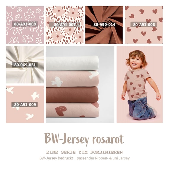 Baumwolljersey bedruckt rosa - Jerseystoff Meterware Vögel - Blumen BW Jersey Kinder Herzen, Ripjersey uni Kombinieren, Öko Tex 100 *Ab 50cm