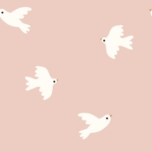 May include: A seamless pattern of white doves flying against a light pink background. The doves are stylized and have simple, rounded shapes.