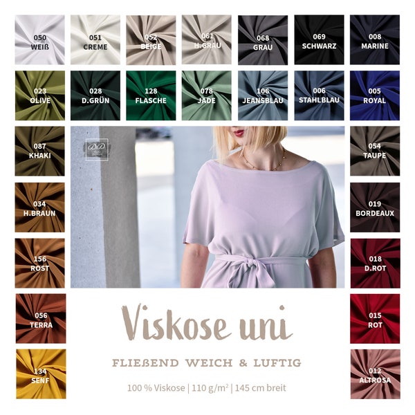 Viskose Uni Meterware - luftiger Viskosestoff einfarbig - fließender Blusenstoff, leichtes Sommerkleid nähen - Ökotex 100 *Ab 50cm