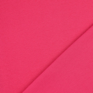 May include: Close-up of a vibrant pink fabric with a ribbed texture. The material is folded diagonally, creating two distinct sections. The color is a bright, solid pink, and the fabric appears to be soft and flexible.