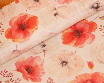 Decorative fabric poppies sold by the meter - cotton blend fabric printed red flowers - floral ottoman fabric, summer tablecloth, sew curtain *From 50 cm