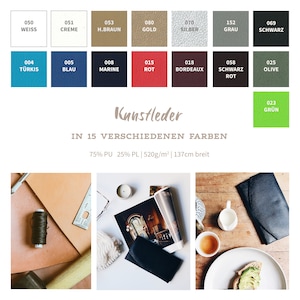 Könnte beinhalten: Eine Farbkarte mit 15 verschiedenen Lederfarben. Die Farben sind auf Deutsch beschriftet. Der Text unten lautet "Kunstleder IN 15 VERSCHIEDENEN FARBEN 75% PU 25% PL | 520g/m² | 137cm breit".