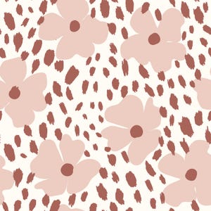 May include: A seamless pattern featuring pink flowers with brown centers on a white background. The background is also dotted with brown abstract shapes.