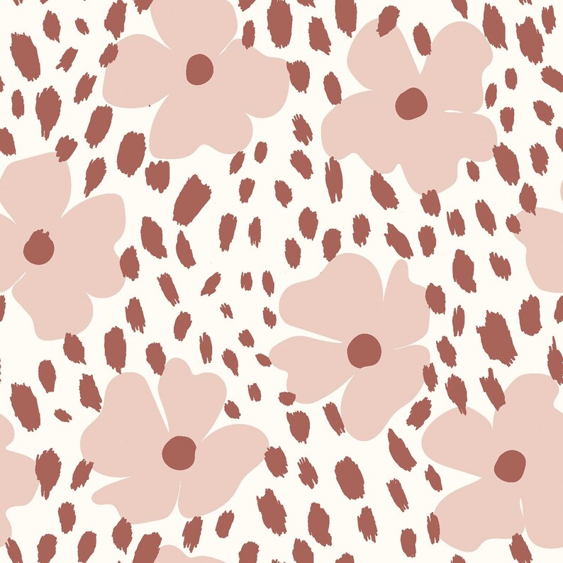 May include: A seamless pattern featuring pink flowers with brown centers on a white background. The background is also dotted with brown abstract shapes.