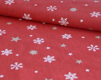 Decorative fabric by the meter stars gold on red cotton printed with snowflakes - Christmas fabric, winter fabric *from 50 cm