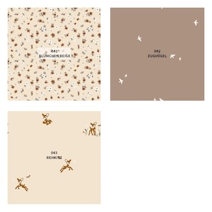 May include: Three fabric swatches with different patterns. The top left swatch features a beige background with a floral pattern. The top right swatch has a brown background with white birds. The bottom swatch has a beige background with deer.