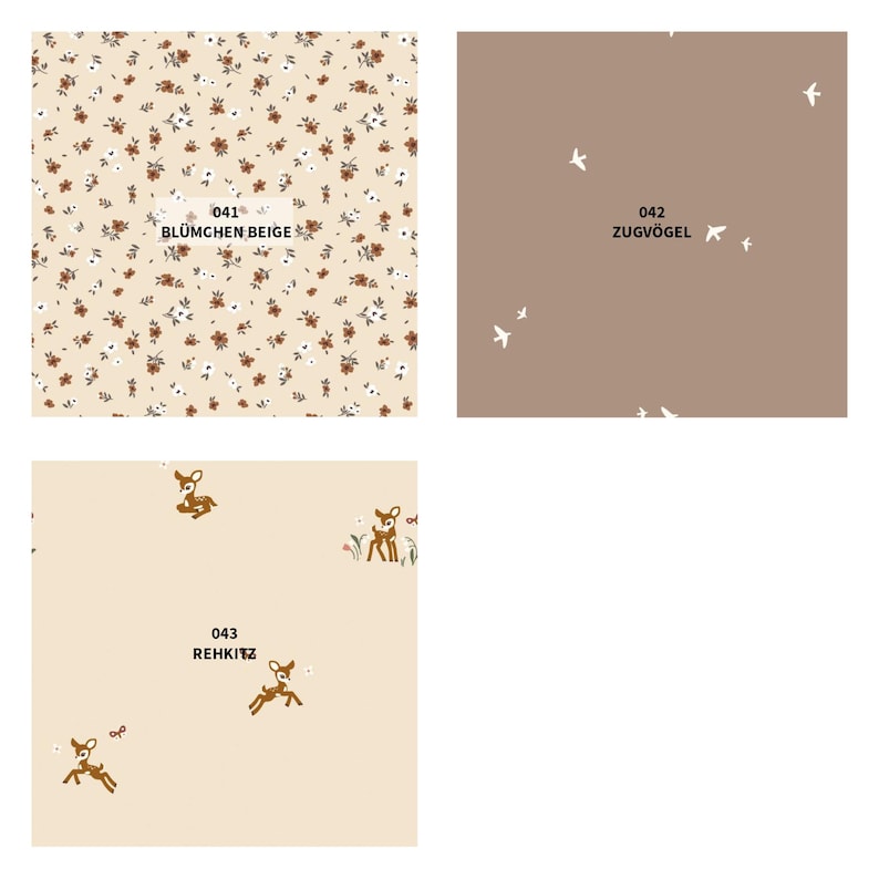 May include: Three fabric swatches with different patterns. The top left swatch features a beige background with a floral pattern. The top right swatch has a brown background with white birds. The bottom swatch has a beige background with deer.