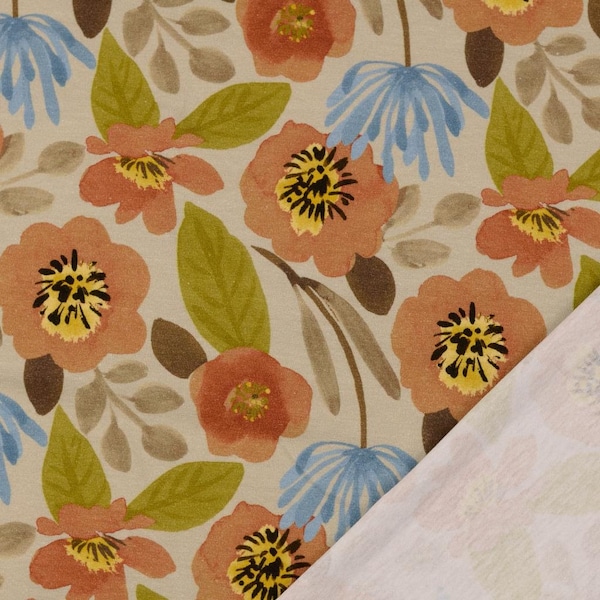 Baumwolljersey Blumen orange auf beige - Stoff Meterware dehnbar - Jersey floral Blüten, Blätter aquarell Stretchstoff bedruckt *ab 50cm