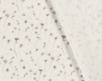 Muslin printed flowers - crepe fabric by the meter dried flowers - double gauze - crepe fabric for babies branches, cotton muslin cloth *from 25 cm