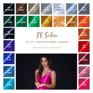 Peut inclure: Un nuancier de 24 couleurs différentes de tissu satiné PE. Le tissu est 100% PE, 92 grammes par mètre carré et 145 centimètres de large. Le nuancier comprend des couleurs comme le noir, le brun, le beige, la crème, le blanc, l'argent, le gris, le vert, la pomme, le jaune, l'or, le cuivre, l'orange, le rouge, le rose, et plus encore.