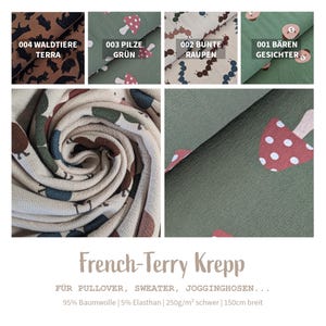 Op de afbeelding: Een selectie van French Terry Krepp-stofstalen met diverse patronen. De stalen bevatten ontwerpen met bosdieren, paddenstoelen, rupsen en berengezichten. De stof is geschikt voor truien, sweaters en joggingbroeken. De stof is 150 cm breed.
