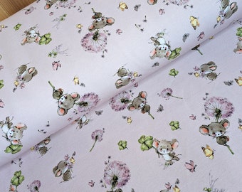 Cotton jersey digital print mice - stretch fabric sold by the meter pink dandelion - jersey stretch clothing fabric cloverleaf *From 50 cm