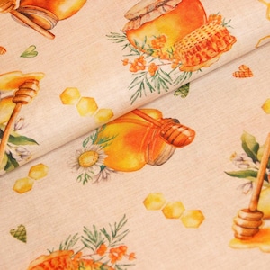 Decoratieve stof per meter honing - katoenmix bedrukt keuken - ottomane stof honingpot, bloemen, tafelkleed, gordijn naaien *Vanaf 50 cm