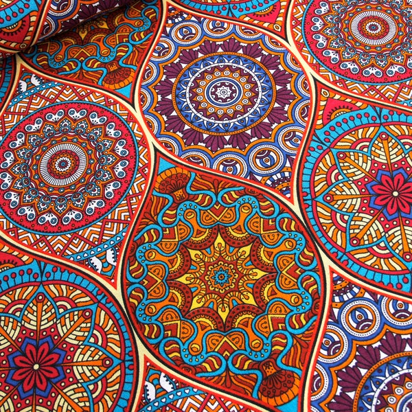 Decoratieve stof verkocht per meter oosterse mandala, kleurrijke ornamenten, yoga - bedrukte katoenmix stof - poefstof - lentestoffen * vanaf 50 cm