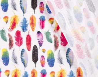 Muslin printed feathers - crepe fabric by the meter colorful - double gauze - crepe fabric for babies summer, cotton muslin cloth *from 25 cm