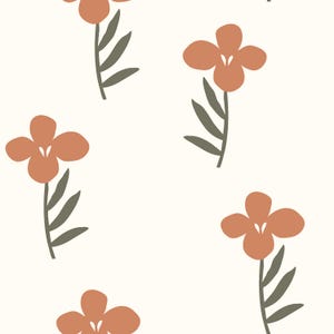 K&ouml;nnte beinhalten: Ein nahtloses Muster mit stilisierten orangefarbenen Blumen mit gr&uuml;nen Bl&auml;ttern auf wei&szlig;em Hintergrund.