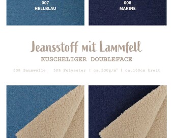 Denim fabric sold by the meter with lambskin - jeans sweat fabric - cotton sweat denim - teddy fabric for jackets, double-face sweatshirt *From 50 cm