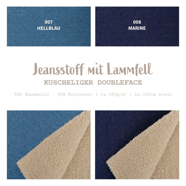 Jeansstoff Meterware mit Lammfell - Jeans Sweat Stoff - Baumwoll Sweat Denim - Teddy Stoff für Jacken, Doubleface Sweatshirt *Ab 50cm