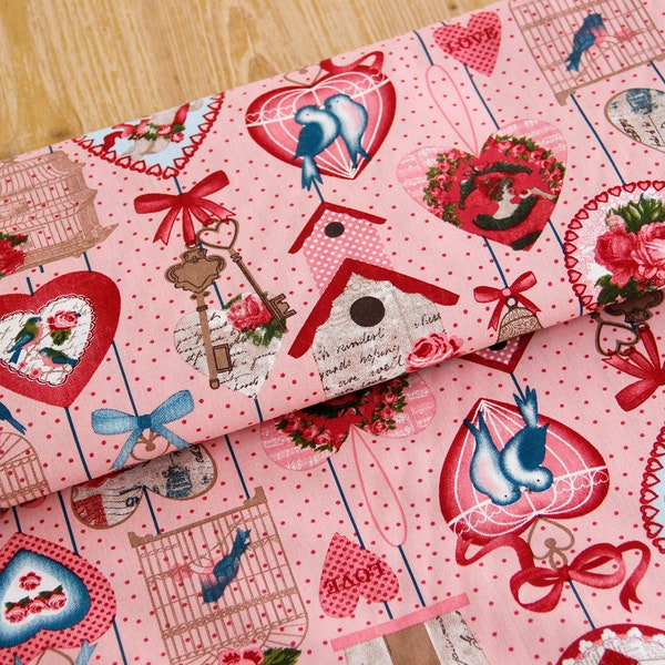 Tissu décoratif tissé en coton - coeurs de motif - coloré sur le rose - tissu écotex de memmware 50 cm x 148 cm