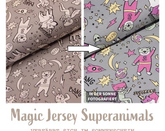 Magic Jersey printed animals - cotton jersey color change superheroes gray - becomes colorful in UV light - stretchable fabric *from 50 cm