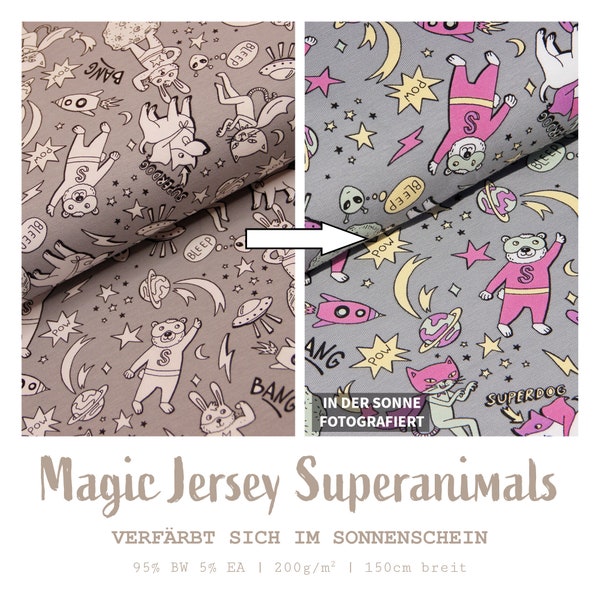 Magic Jersey animaux imprimés - jersey de coton super-héros à changement de couleur gris - devient coloré à la lumière UV - tissu extensible *à partir de 50 cm